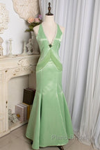 Vintage Light Green Mermaid Halter Satin Beaded Long Formal Prom Dresses