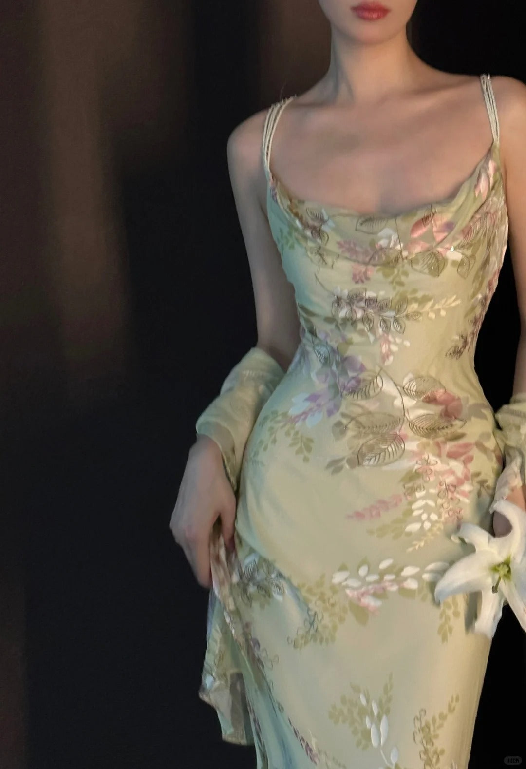 Vintage Light Green Printed Mermaid Strap Chiffon Long Formal Prom Dresses Secondary image