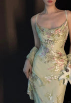 Vintage Light Green Printed Mermaid Strap Chiffon Long Formal Prom Dresses