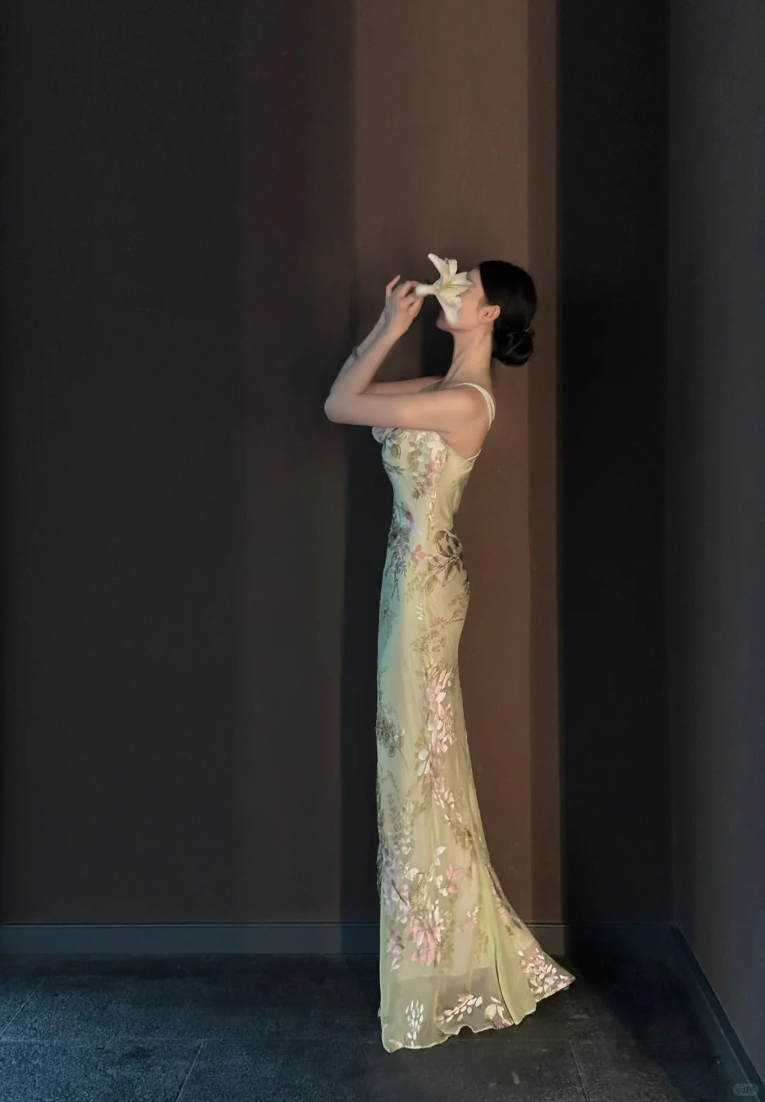 Vintage Light Green Printed Mermaid Strap Chiffon Long Formal Prom Dresses