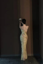Vintage Light Green Printed Mermaid Strap Chiffon Long Formal Prom Dresses
