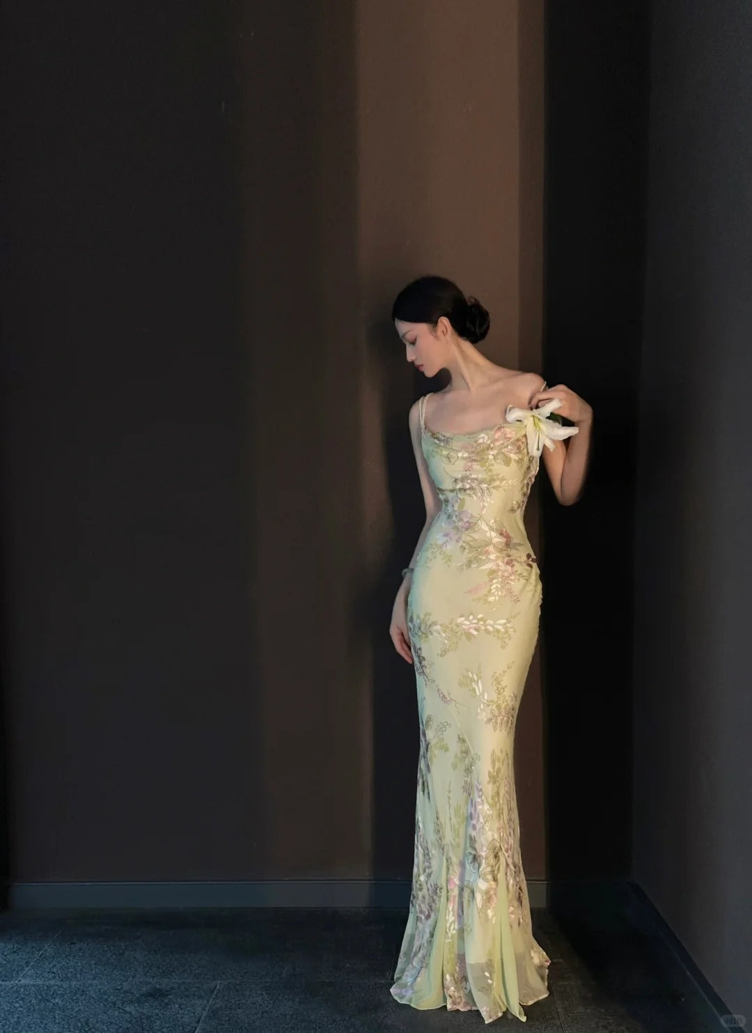 Vintage Light Green Printed Mermaid Strap Chiffon Long Formal Prom Dresses