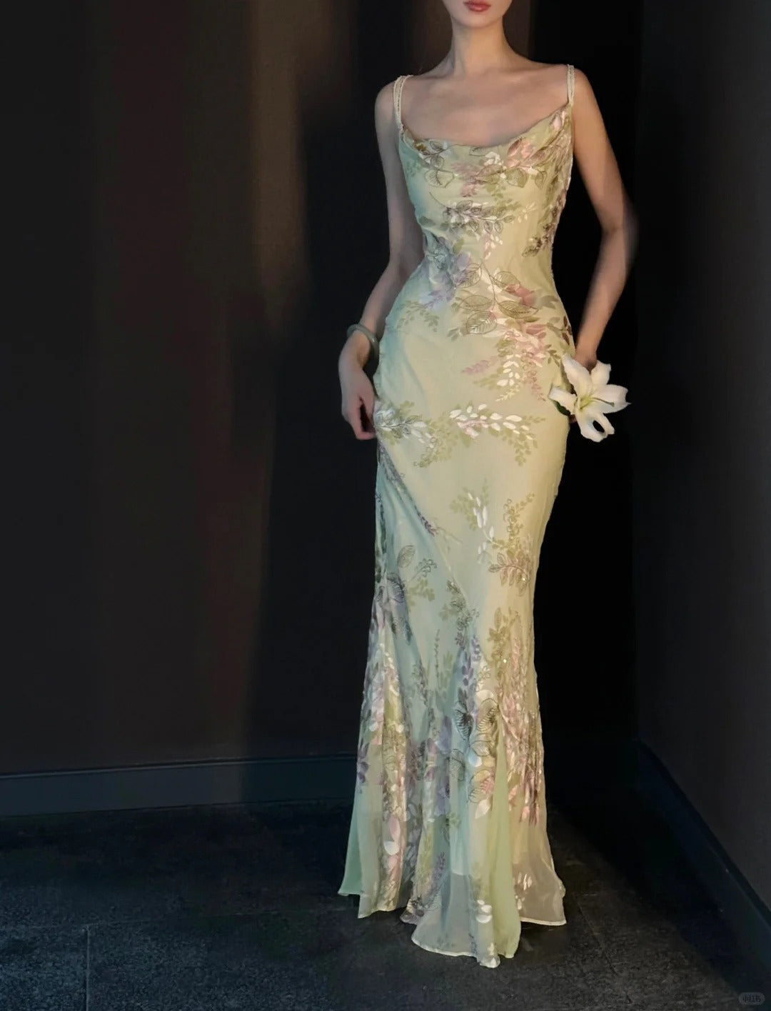 Vintage Light Green Printed Mermaid Strap Chiffon Long Formal Prom Dresses