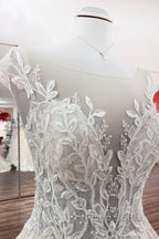 Vintage Long A-line Jewel Tulle Ruffles Wedding Dress with Lace Appliques
