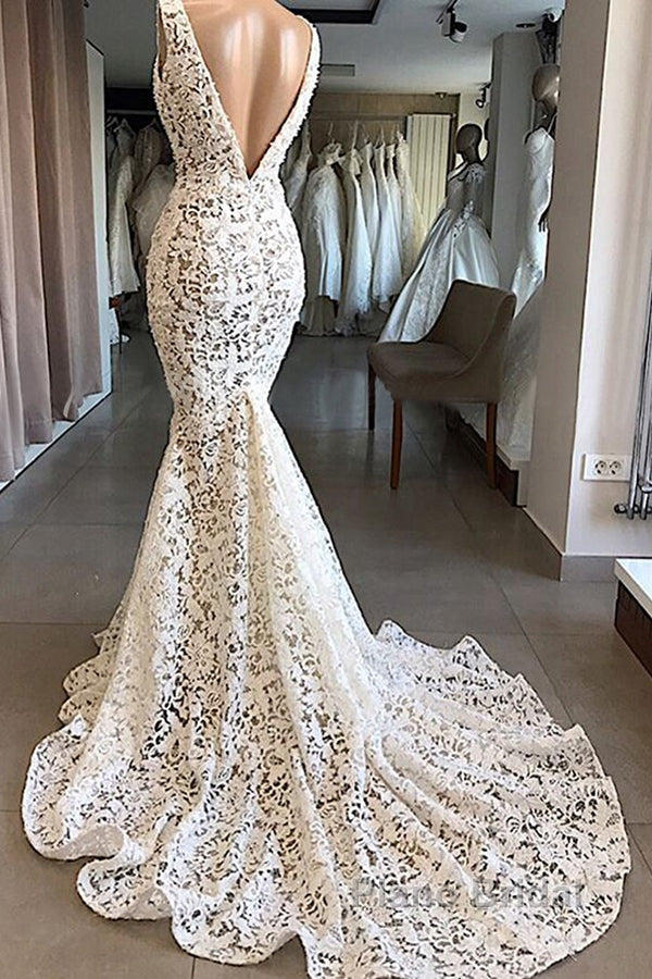 Vintage Long Mermaid V-neck Lace Backless Wedding Dresses Secondary image