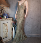 Vintage Luxury Green Mermaid Deep V-Neck Beaded Embroidered Chiffon Long Formal Prom Dresses