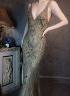 Vintage Luxury Green Mermaid Deep V-Neck Beaded Embroidered Chiffon Long Formal Prom Dresses