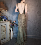Vintage Luxury Green Mermaid Deep V-Neck Beaded Embroidered Chiffon Long Formal Prom Dresses