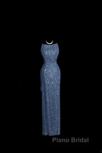 Vintage Mermaid Boat Neck Blue Sequin Backless Formal Prom Gown Fairy Formal Prom Dresses
