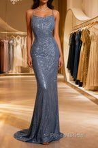 Vintage Mermaid Boat Neck Blue Sequin Backless Formal Prom Gown Fairy Formal Prom Dresses