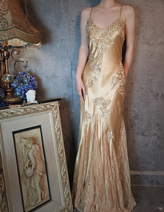 Vintage Mermaid Champagne Gold Sequined Lace Satin Long Formal Prom Dresses