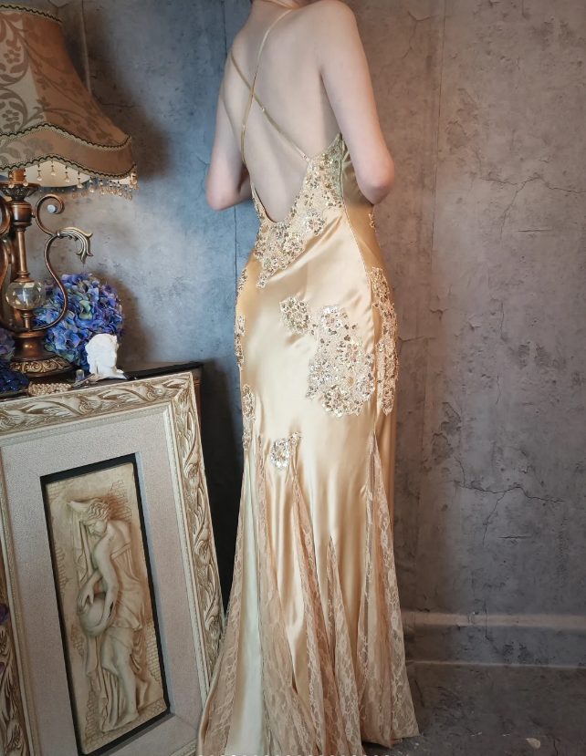 Vintage Mermaid Champagne Gold Sequined Lace Satin Long Formal Prom Dresses