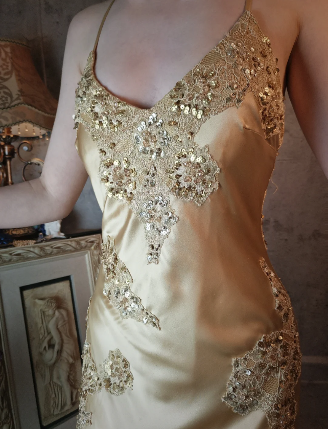 Vintage Mermaid Champagne Gold Sequined Lace Satin Long Formal Prom Dresses