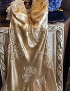 Vintage Mermaid Champagne Gold Sequined Lace Satin Long Formal Prom Dresses