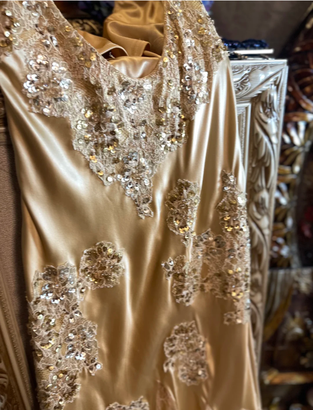 Vintage Mermaid Champagne Gold Sequined Lace Satin Long Formal Prom Dresses