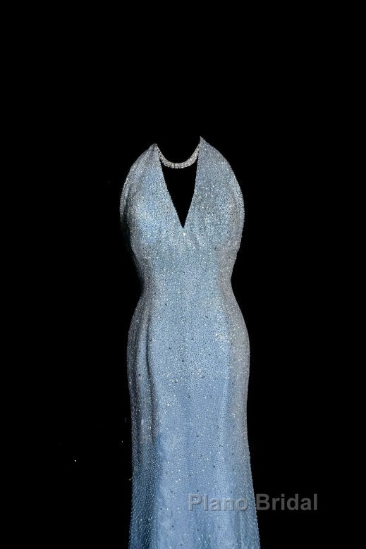 Vintage Mermaid Halter Neck Blue Sequin Formal Prom Gown Fairy Formal Prom Dresses