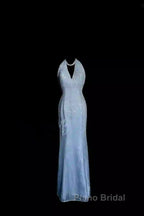 Vintage Mermaid Halter Neck Blue Sequin Formal Prom Gown Fairy Formal Prom Dresses