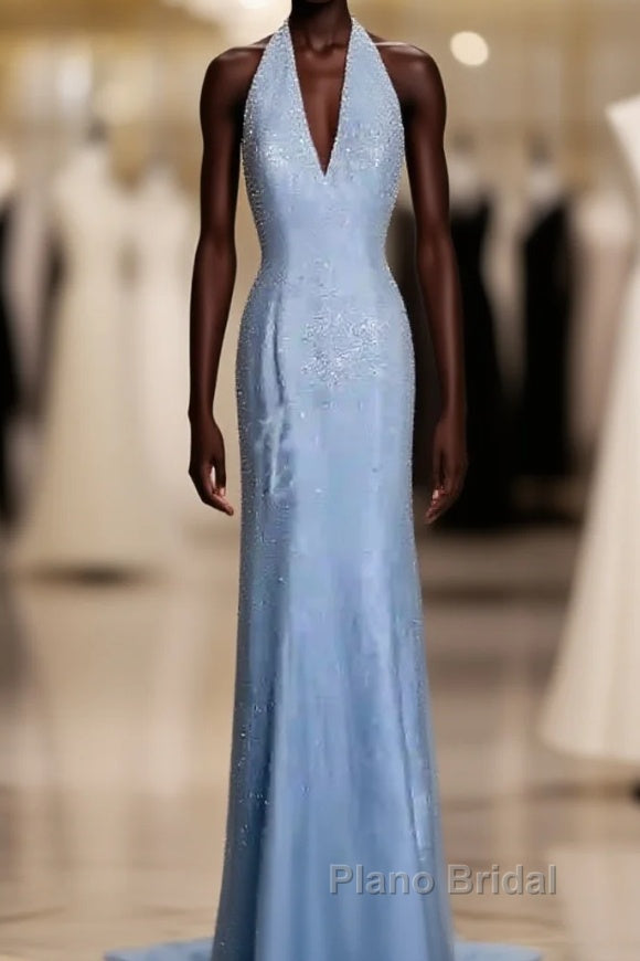 Vintage Mermaid Halter Neck Blue Sequin Formal Prom Gown Fairy Formal Prom Dresses Main image