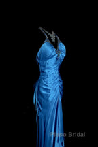 Vintage Mermaid Halter Neck Royal Blue Satin Backless Formal Prom Gown Fairy Formal Prom Dresses