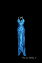 Vintage Mermaid Halter Neck Royal Blue Satin Backless Formal Prom Gown Fairy Formal Prom Dresses