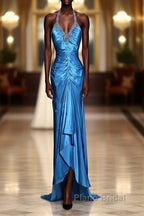 Vintage Mermaid Halter Neck Royal Blue Satin Backless Formal Prom Gown Fairy Formal Prom Dresses