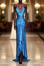 Vintage Mermaid Halter Neck Royal Blue Satin Backless Formal Prom Gown Fairy Formal Prom Dresses