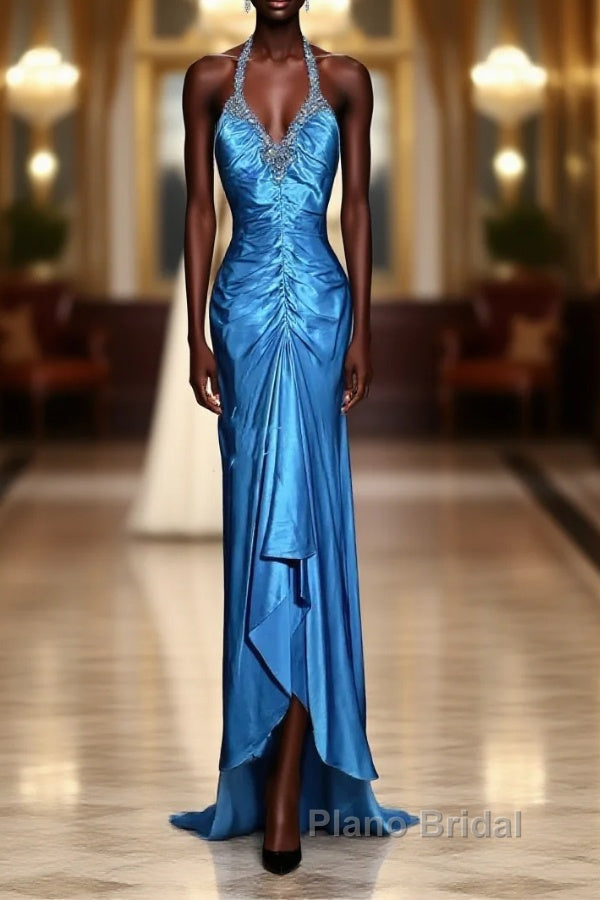Vintage Mermaid Halter Neck Royal Blue Satin Backless Formal Prom Gown Fairy Formal Prom Dresses