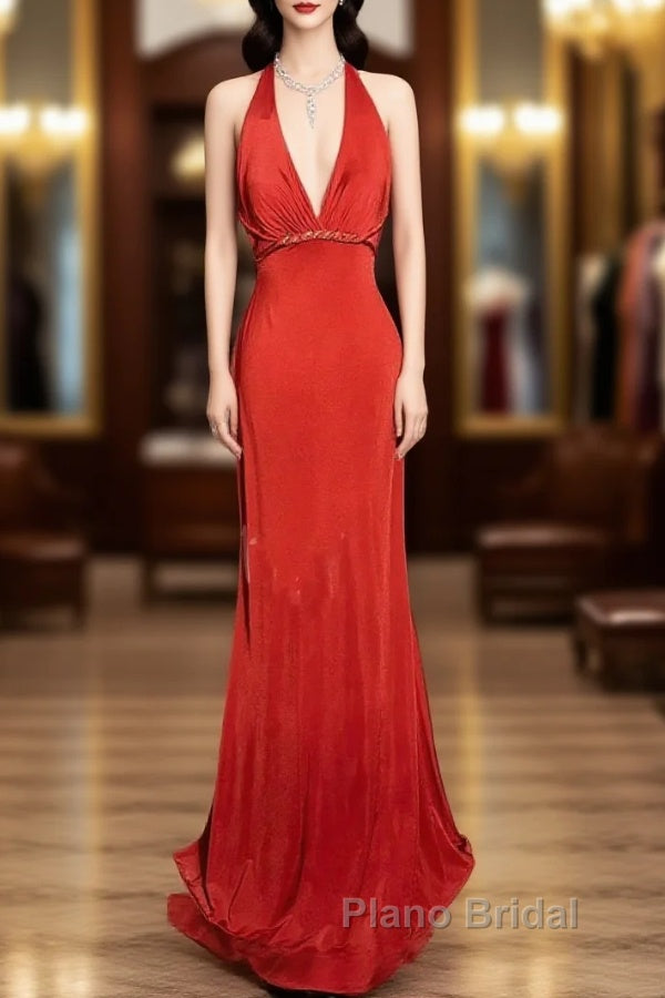 Vintage Mermaid Halter Satin Red Formal Prom Gown Fairy Formal Prom Dresses Main image