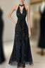 Vintage Mermaid Halter Sleeveless Long Black Lace Evening Dresses Formal Prom Dresses