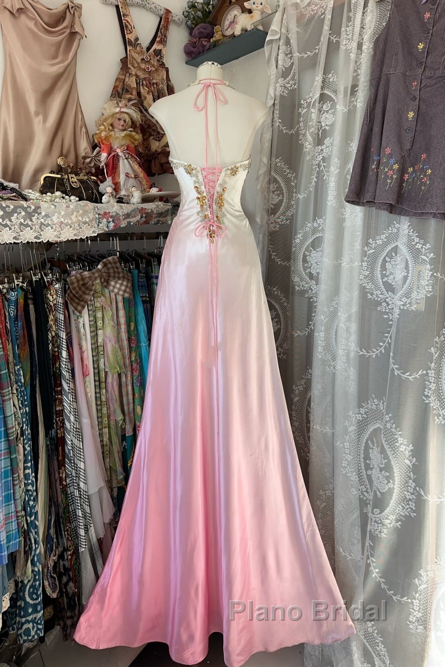 Vintage Mermaid Halter Sleeveless Long Ombre Pink Evening Dresses Formal Prom Dresses Secondary image