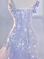 Vintage Mermaid One Shoulder Lilac Tulle Satin Long Formal Prom Dresses Party Dresses