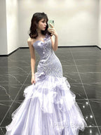 Vintage Mermaid One Shoulder Lilac Tulle Satin Long Formal Prom Dresses Party Dresses