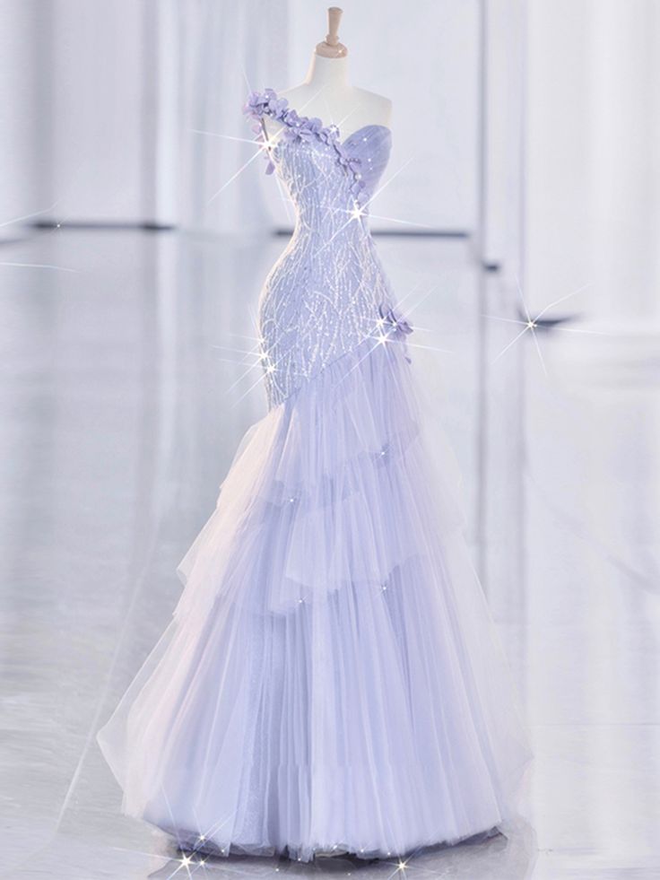 Vintage Mermaid One Shoulder Lilac Tulle Satin Long Formal Prom Dresses Party Dresses Main image