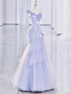 Vintage Mermaid One Shoulder Lilac Tulle Satin Long Formal Prom Dresses Party Dresses
