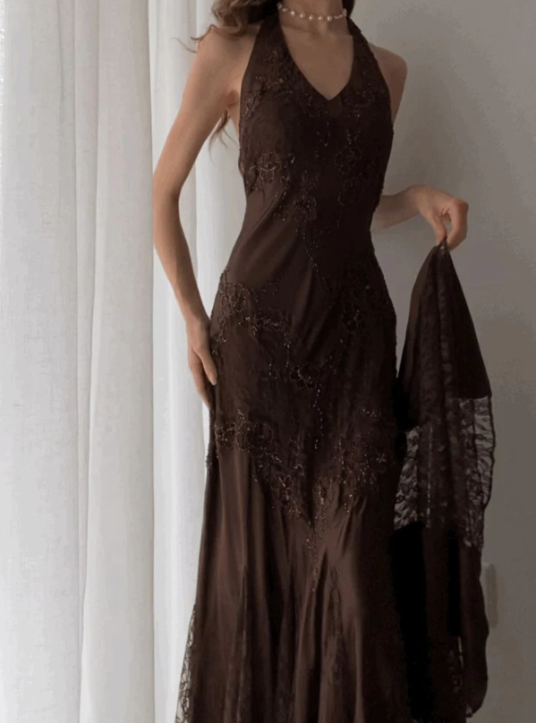 Vintage Mermaid Sleeveless Halter Brown Long Formal Prom Dresses Secondary image