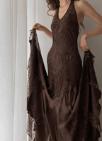Vintage Mermaid Sleeveless Halter Brown Long Formal Prom Dresses