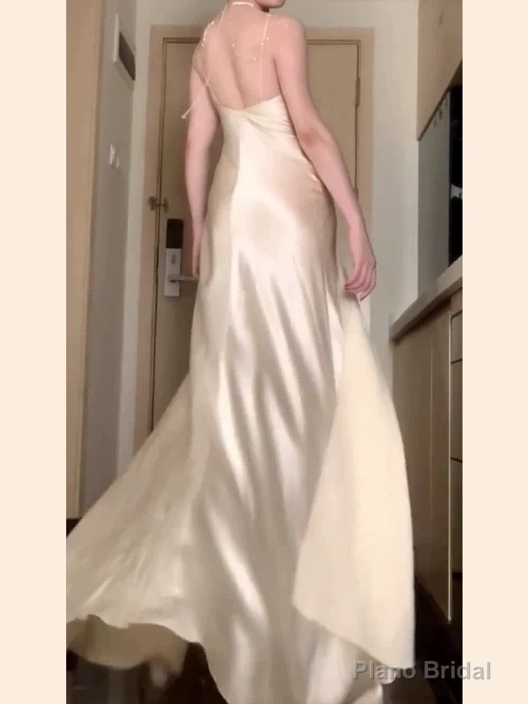Vintage Mermaid Spaghetti Straps Champagne Satin Long Floor Length Prom Dresses Secondary image