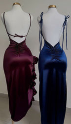 Vintage Mermaid Spaghetti Straps Custom Silk Satin Blue Long Formal Prom Dresses