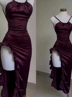 Vintage Mermaid Spaghetti Straps Custom Silk Satin Blue Long Formal Prom Dresses