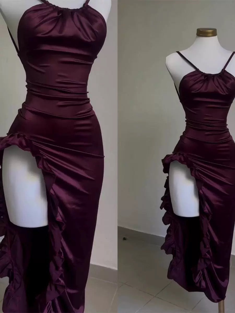 Vintage Mermaid Spaghetti Straps Custom Silk Satin Blue Long Formal Prom Dresses