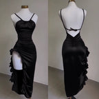 Vintage Mermaid Spaghetti Straps Custom Silk Satin Blue Long Formal Prom Dresses
