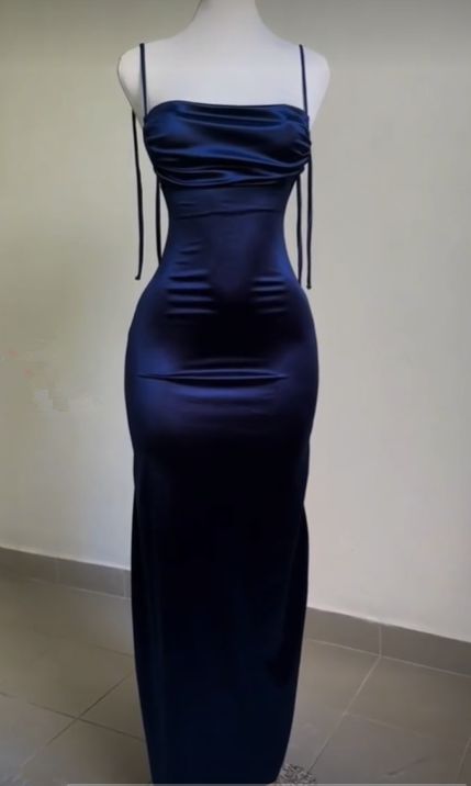 Vintage Mermaid Spaghetti Straps Custom Silk Satin Blue Long Formal Prom Dresses