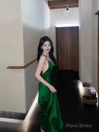 Vintage Mermaid Spaghetti Straps Green Satin Long Birthday Dress Prom Dresses