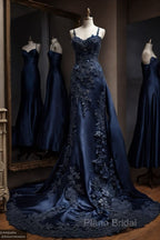 Vintage Mermaid Spaghetti Straps Navy Blue Satin Long Formal Prom Dresses Party Dresses