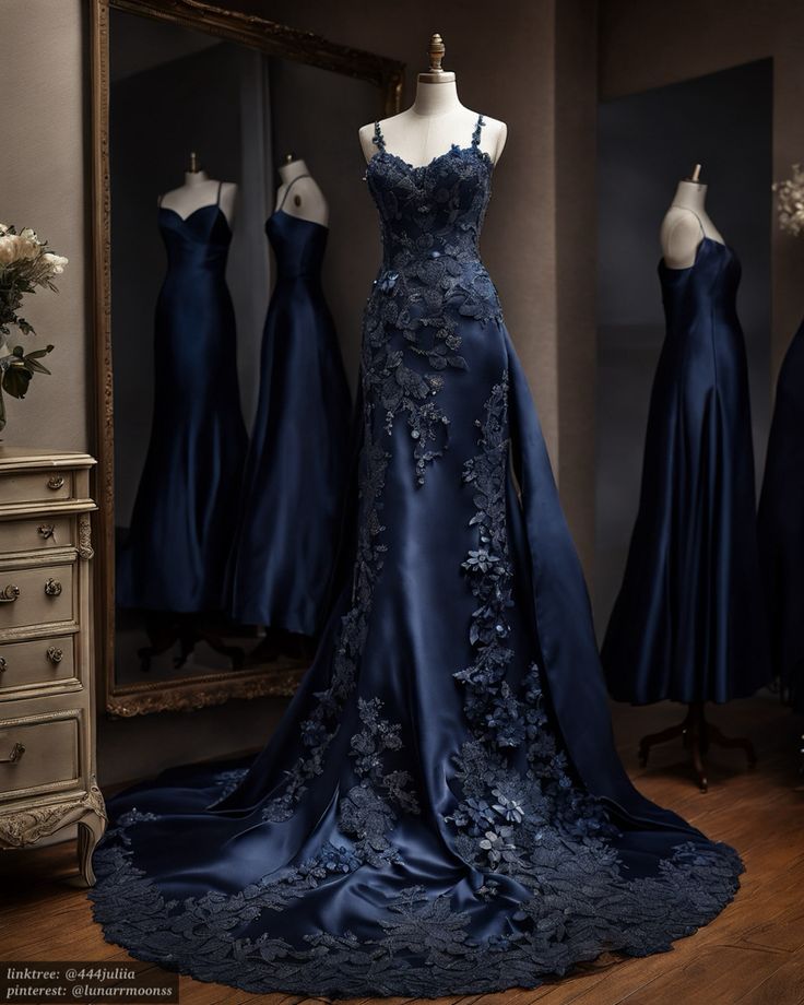 Vintage Mermaid Spaghetti Straps Navy Blue Satin Long Formal Prom Dresses Party Dresses Main image