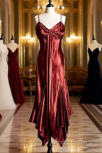 Vintage Mermaid Spaghetti Straps Satin Burgundy Formal Prom Gown Fairy Formal Prom Dresses
