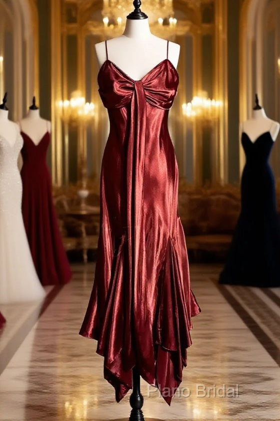 Vintage Mermaid Spaghetti Straps Satin Burgundy Formal Prom Gown Fairy Formal Prom Dresses