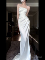 Vintage Mermaid Spaghetti Straps White Satin Long Birthday Dress Prom Dresses