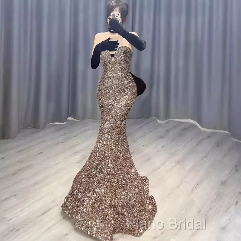 Vintage Mermaid Strapless Party Dresses Long Sequin Formal Prom Dresses