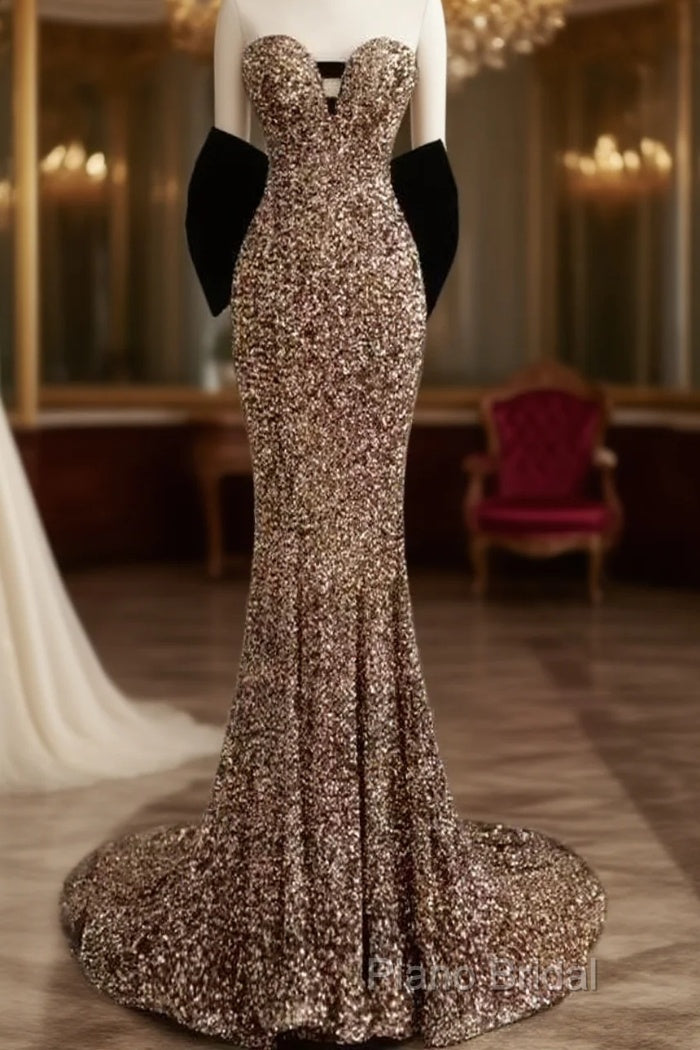 Vintage Mermaid Strapless Party Dresses Long Sequin Formal Prom Dresses Main image